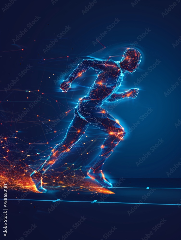 Track and Field player in action made of polygon Al neon network, blue and orange tones, on dark blue background