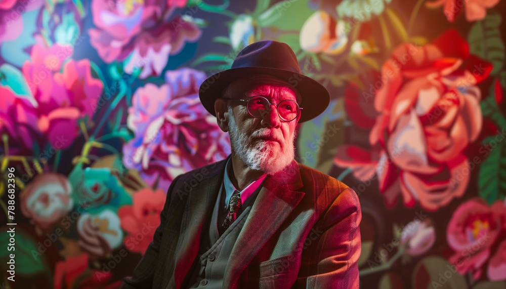 Sigmund Freud on floral background photoshoot wearing a hat , split ...