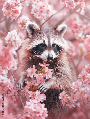 The raccoon smells the beautiful blossoms of a peach tree in bloom.