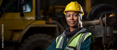 A joyful Afro-American female miner stands beside a massive haul truck, adorned in protective safety gear