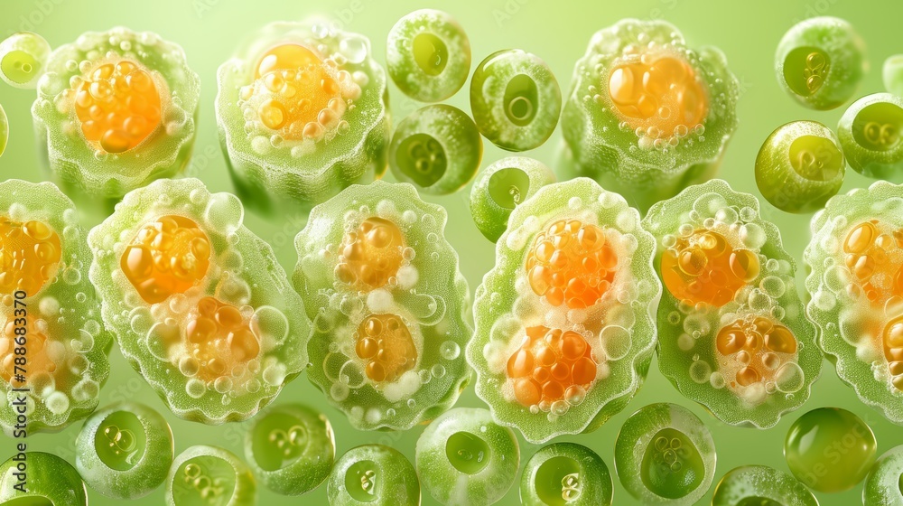 A tight shot of assorted orange and green bubbles against a lush green backdrop, with water droplets nestled at the bubble bases A tight shot of assorted orange and green bubbles against a lush green backdrop, with water droplets nestled at the bubble bases