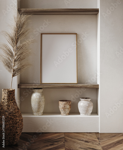 Mockup frame in nomadic boho interior background with rustic decor, 3d render © artjafara