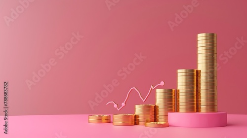 pile of dollar gold coins and growing graph bar on pink background minimalist style photo