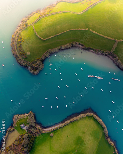 Aerial view of Salcombe Harbour with Snapes Point and White boats, Kingsbridge Estuary, England.