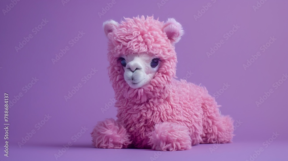 Pink alpaca, soft toy on a purple background