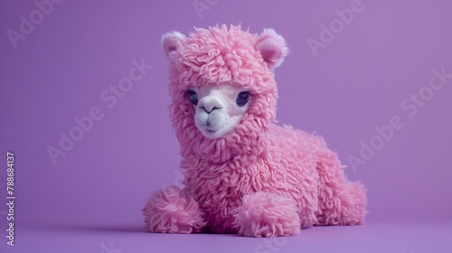 Pink alpaca, soft toy on a purple background © Emma