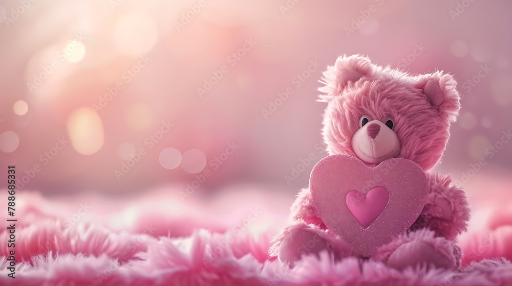 Fototapeta premium Pink teddy bear carries a heart shape with pink background
