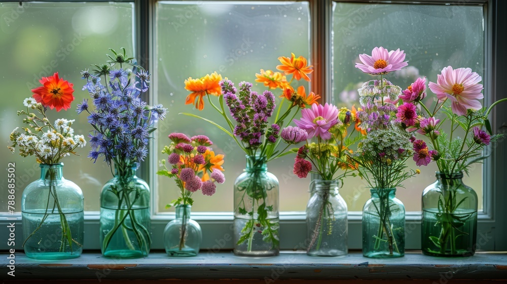 A window sill holding a collection of vibrant flower-filled vases A window sill holding a collection of vibrant flower-filled vases