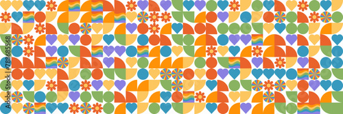 Pride month simple vintage pattern. LGBTQ community vector illustrations in bauhaus style with geometric elements and rainbow lgbt symbols. Human rights movement concept. Gay parade.