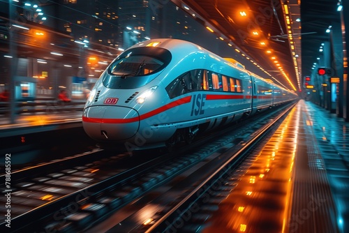 A modern high-speed train racing through a futuristic urban landscape, with sleek, aerodynamic design