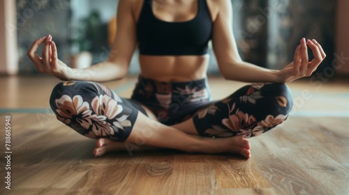 Female yogi in meditation with floral patterned leggings. photo