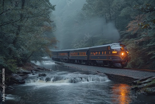 A passenger train crossing a serene river on an old iron truss bridge