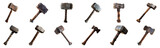 Collection of various vintage hammers isolated cut out png on transparent background