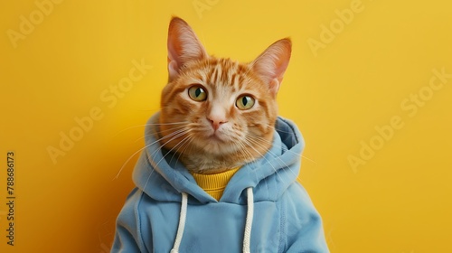 Portrait of a ginger cat with green eyes wearing in a blue sweatshirt on the yellow background © Emma