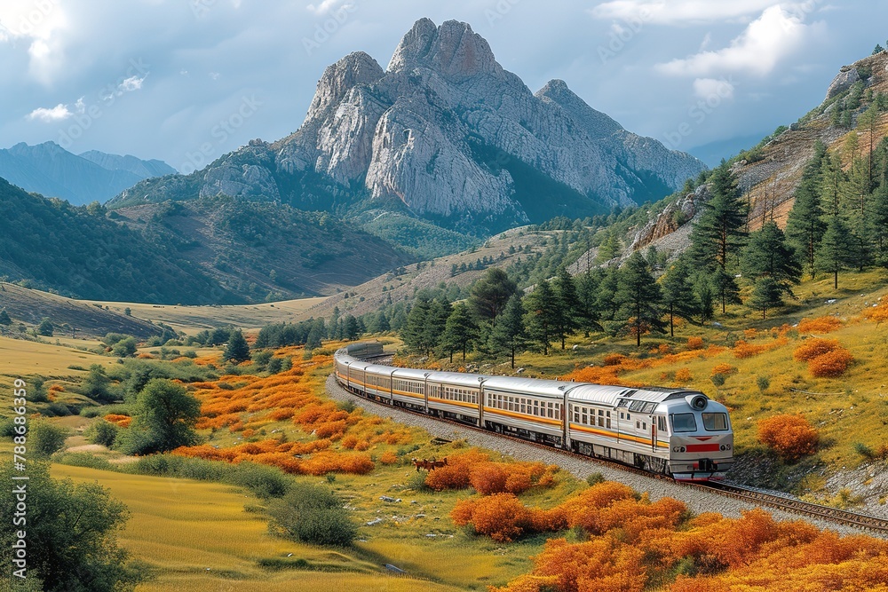 A passenger train winding its way through a picturesque valley, with rolling hills in the background A passenger train winding its way through a picturesque valley, with rolling hills in the background