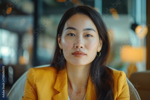 Portrait of young mixed race Asian businesswoman sitting