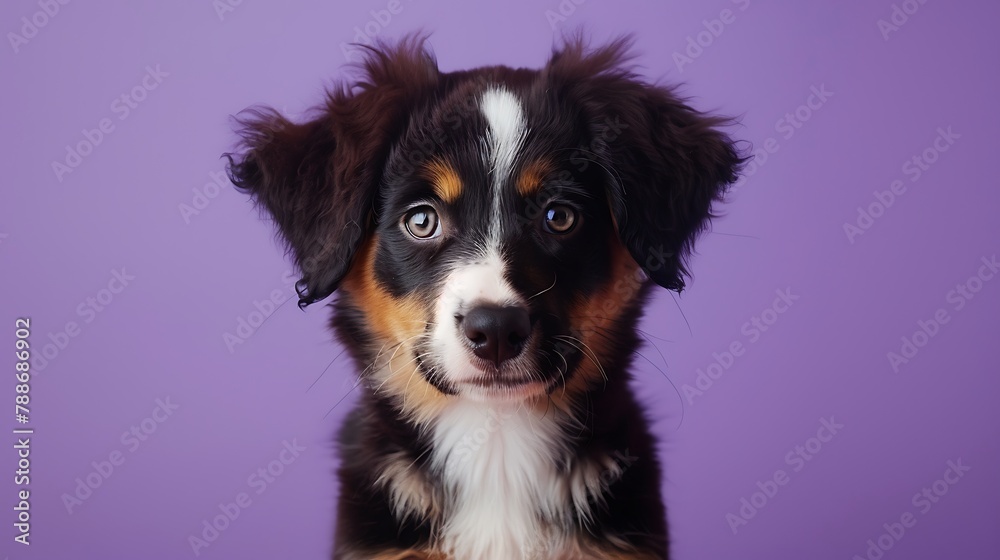 Portrait of cute puppy looking at the camera on a purple background