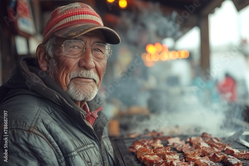 A semi-truck driver enjoying a hearty meal at a classic roadside barbecue joint, with smoke wafting from the grill