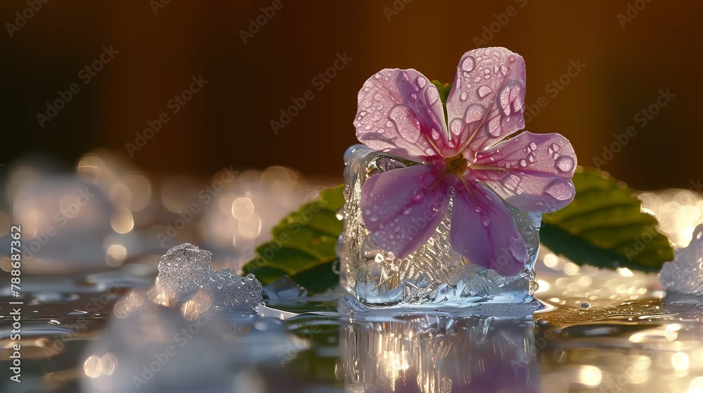 A pink bloom in a glass of water, chilled by ice cubes Surrounded by tabletop greenery with trailing water droplets on green leaves A pink bloom in a glass of water, chilled by ice cubes Surrounded by tabletop greenery with trailing water droplets on green leaves