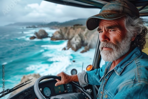 A semi-truck driver navigating a scenic coastal highway, with waves crashing against the rocky shoreline below © Create image