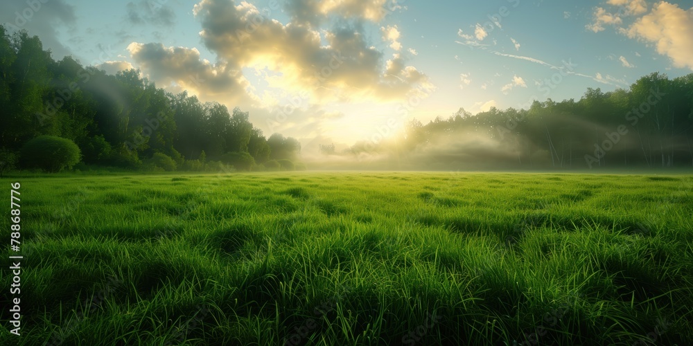 Golden sunrise shining over lush green grass with mist weaving through trees - obrazy, fototapety, plakaty 