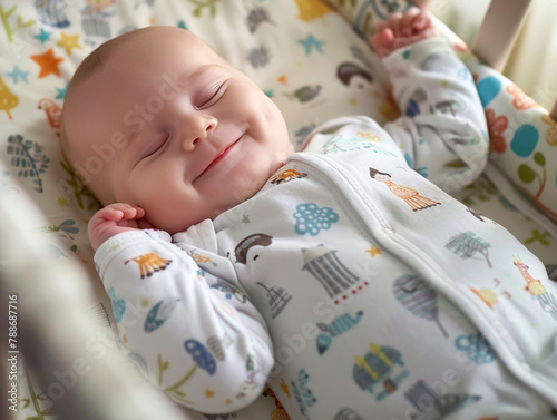 Caucasian baby smiling while sleeping happily in his crib. AI generative.