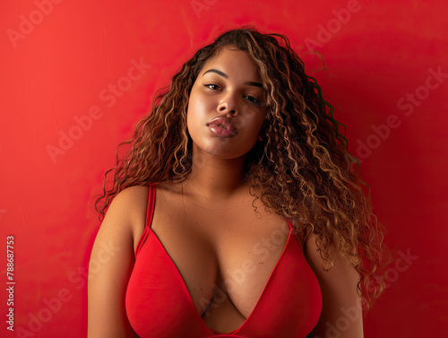 Curvy young woman posing sensual and empowered for a portrait on red background. AI generative.