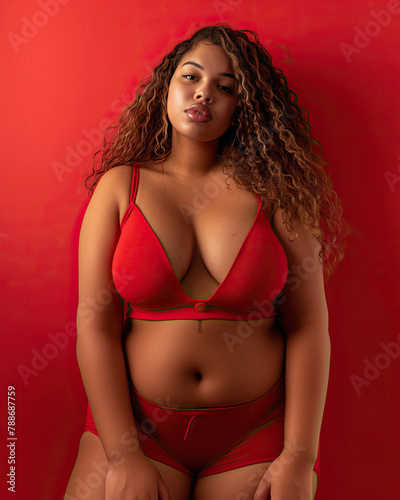 Portrait of curvy young woman posing in red swimsuit. AI generative.