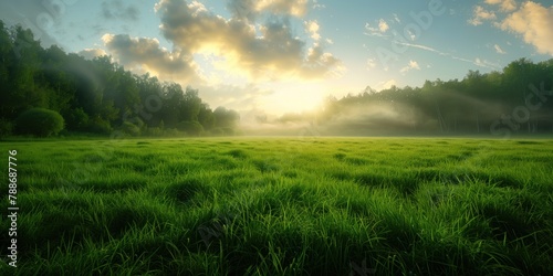 Golden sunrise shining over lush green grass with mist weaving through trees
