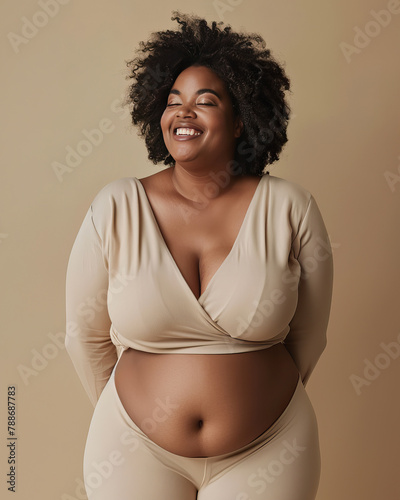 Attractive curvy woman smiling while posing on a plain background. AI generative.