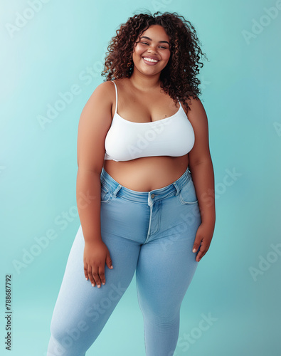 Portrait of African American woman posing on turquoise background and smiling naturally. AI generative.