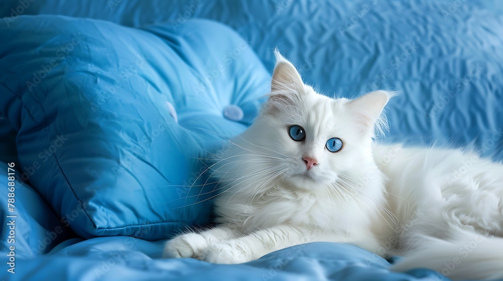 Pretty longhaired white cat with blue eyes on a blue cushion on a blue background Pretty longhaired white cat with blue eyes on a blue cushion on a blue background