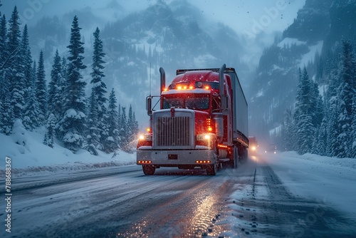 A semi-truck navigating a treacherous mountain pass during a winter storm, snow swirling around the cab, and tire chains gripping icy roads