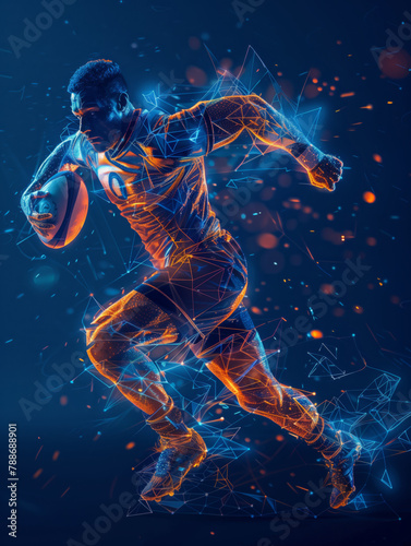 Man running with rugby ball made of polygon Al neon network, blue and orange tones, on dark blue background © FreyStudios