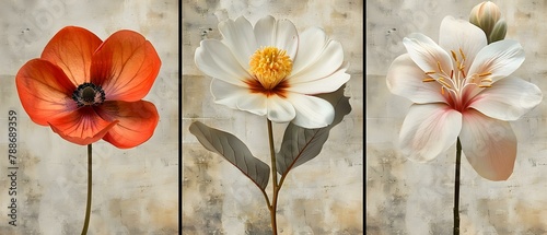 Triptych of Elegant Florals on Vintage Backdrop. Concept Floral Arrangements  Vintage Backdrops  Triptych Photography  Elegant Florals