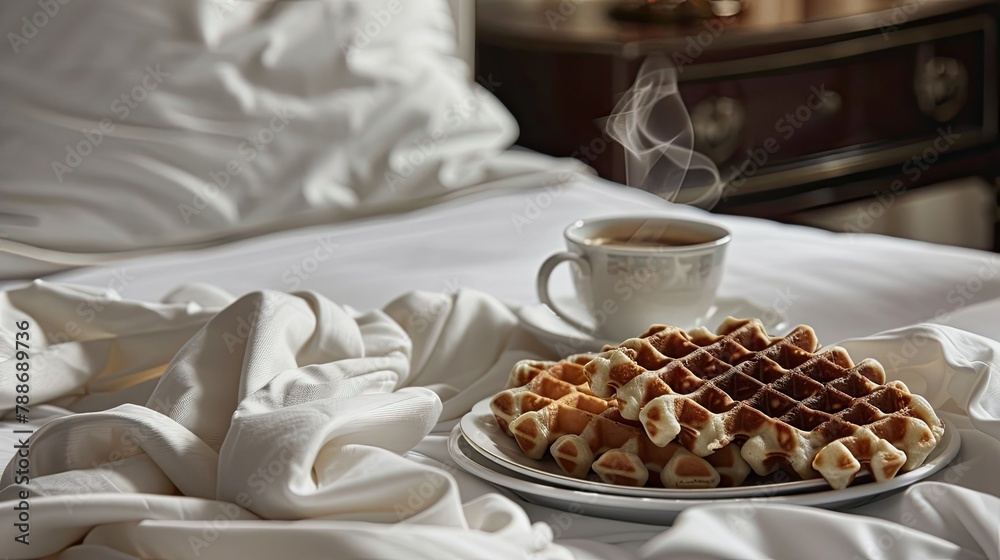Fototapeta premium Indulge in a delightful morning treat of Viennese waffles and coffee served right to your bed A perfect breakfast in bed awaits you