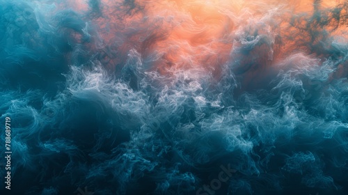   A significant volume of smoke is depicted against a backdrop of blue and orange, with the sun situated centrally