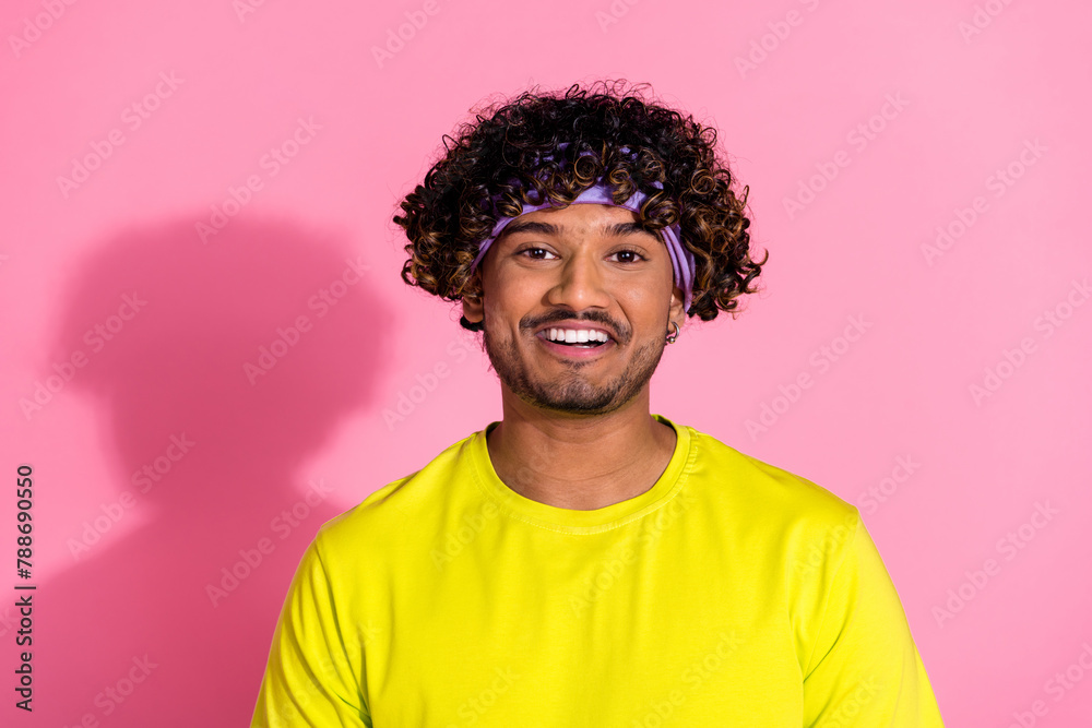 Photo of funny cheerful nice man wear stylish yellow clothes isolated on pink color background Photo of funny cheerful nice man wear stylish yellow clothes isolated on pink color background