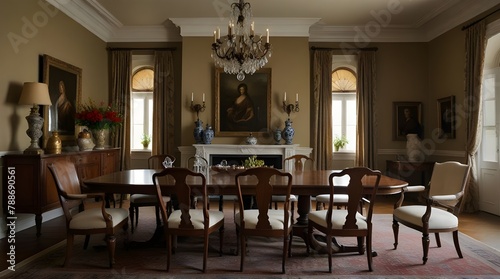 Dining Area Traditional Old Antique Furniture Interior .Generative AI