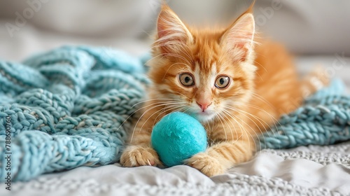 Red cute little baby cat pet kitten laying on bed playing with ball turquoise blanket