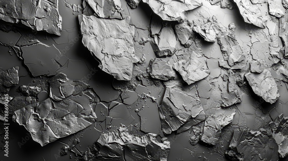 A black-and-white image of a wall exhibiting extensive chippings from its surface A black-and-white image of a wall exhibiting extensive chippings from its surface
