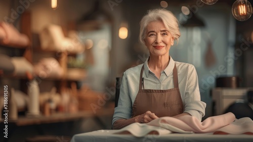 concept of retirees returning back to work, elderly employees, Unretirement: Fashion designer man in the sewing workshop of his own fabric and clothing production