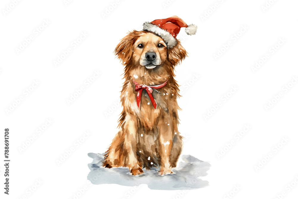 Merry Christmas and Happy New Year greeting card design. Watercolor dog in red Santa hat Merry Christmas and Happy New Year greeting card design. Watercolor dog in red Santa hat