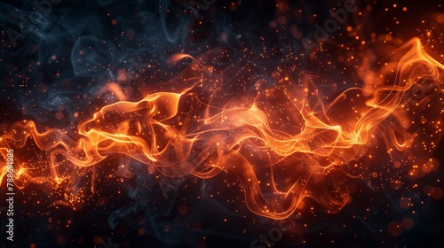  A dark background with orange and yellow fire and smoke to the left; right side features a black background photo