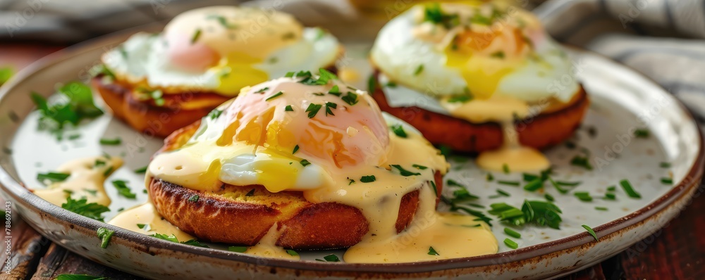 Eggs with poached eggs, ham, English muffins, and daise sauce, ready to eat Eggs with poached eggs, ham, English muffins, and daise sauce, ready to eat