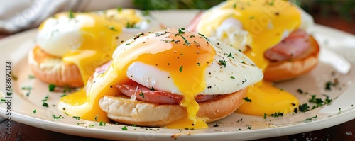 Eggs with poached eggs, ham, English muffins, and daise sauce, ready to eat photo