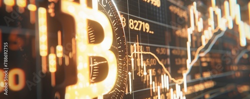a stock market digital chart with financial graphs and coins all around the Bitcoin logo.