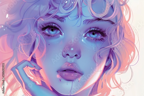 A girl with blue eyes and pink hair. She has a sad, tear-stained face. She looks down.