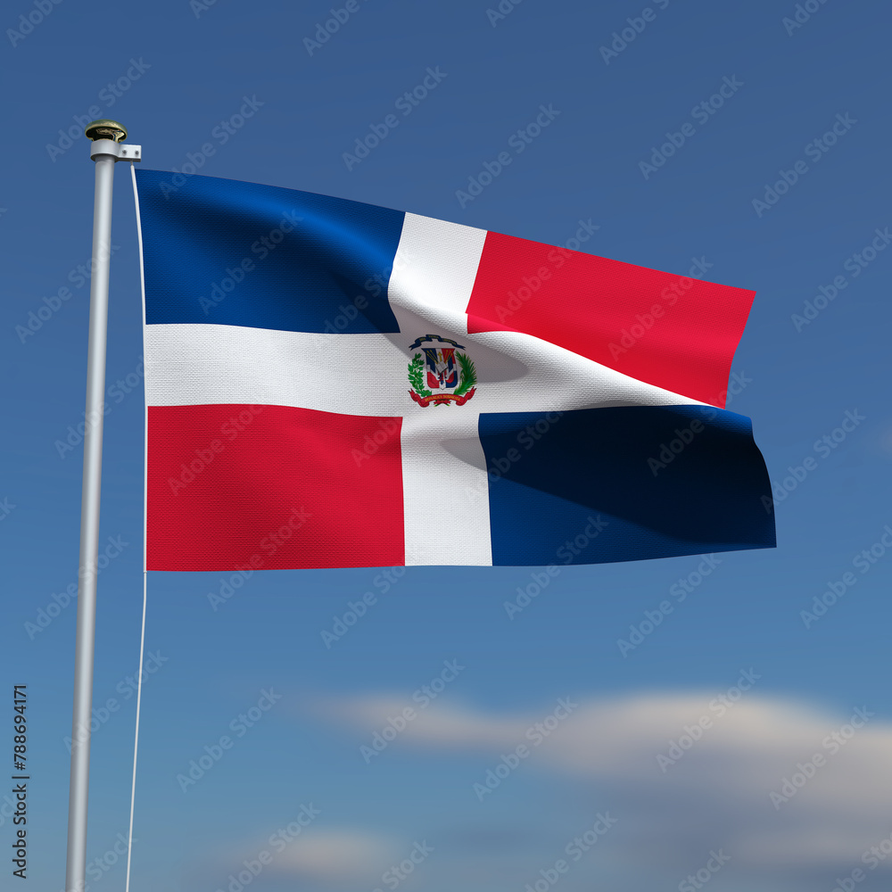 Fototapeta premium Dominican Republic Flag is waving in front of a blue sky with blurred clouds in the background