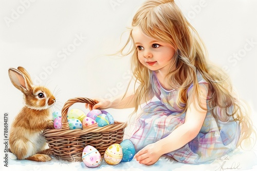 Easter Morning: A Child and Bunny with a Basket of Eggs